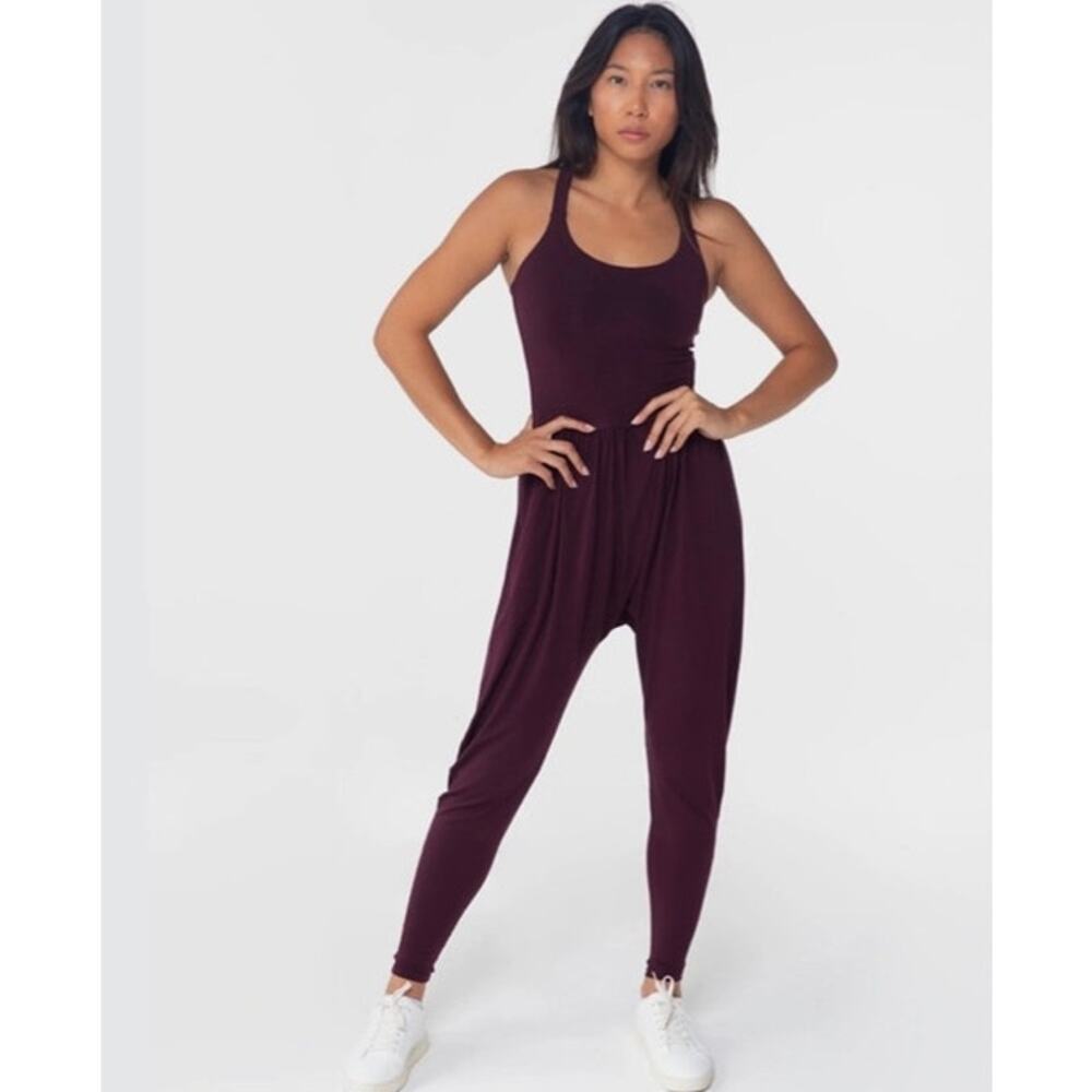 IMBODHI Burgundy Modal Harem Jumpsuit XS Cross Back Yoga Lounge Wear